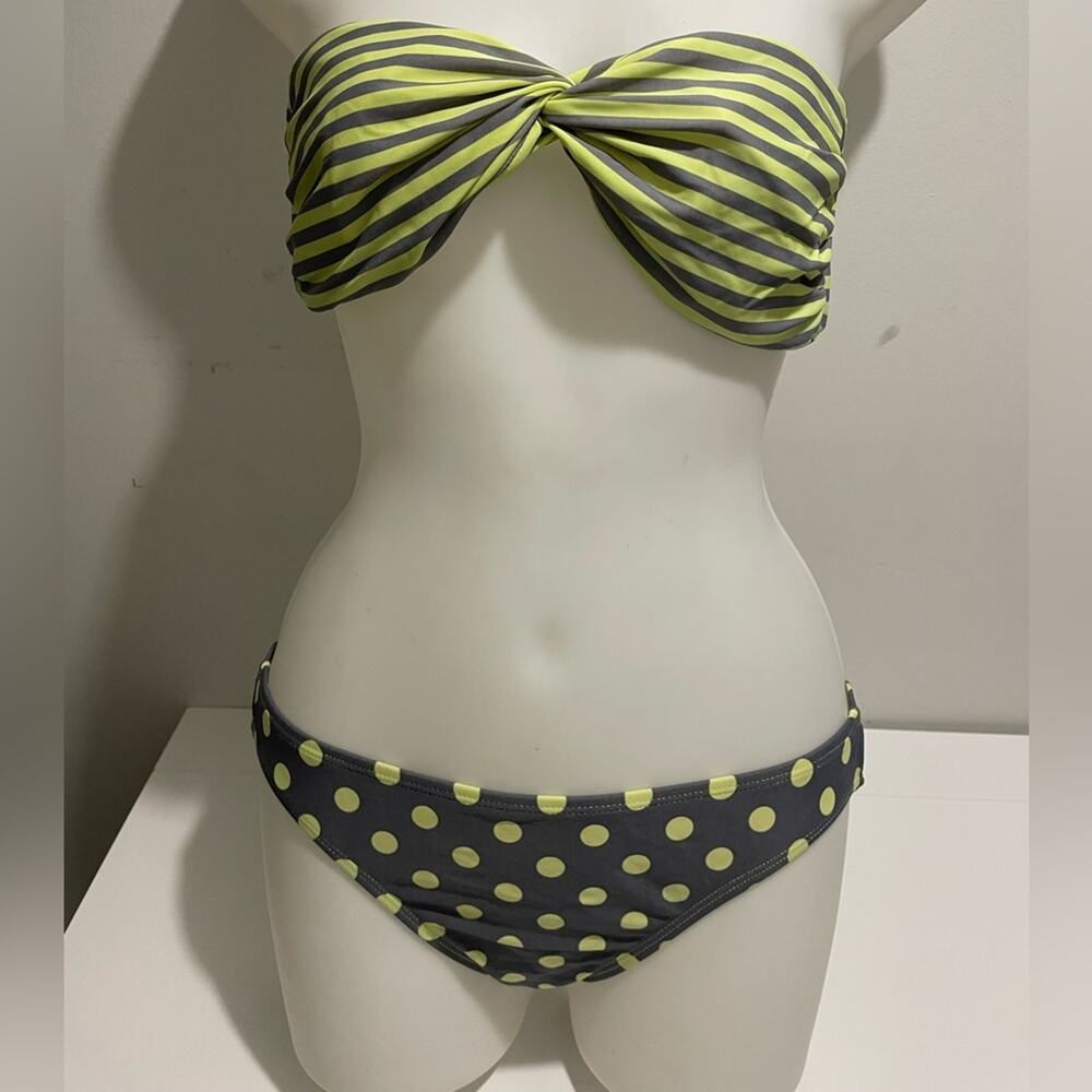 Hot Water Brand Neon Yellow & Gray 2 Piece Bikini Set Strapless Stripes & Dots
